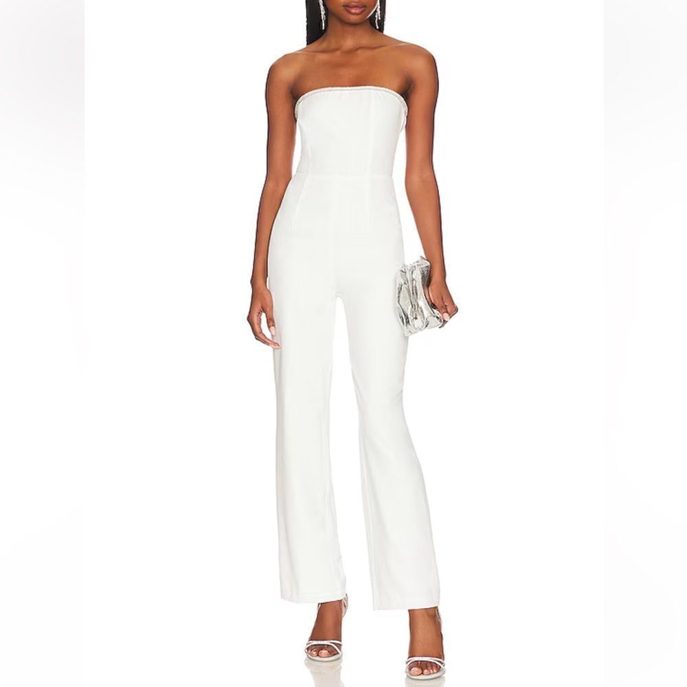 Superdown Keke Strapless Jumpsuit in Ivory white rhinestone trim Revolve S